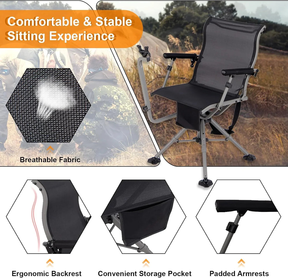 360° rotatable hunting seat, equipped with 4 extendable aluminum legs, adjustable gunstock, portable hunting shelter chair, equipped with carrying straps for outdoor activities.