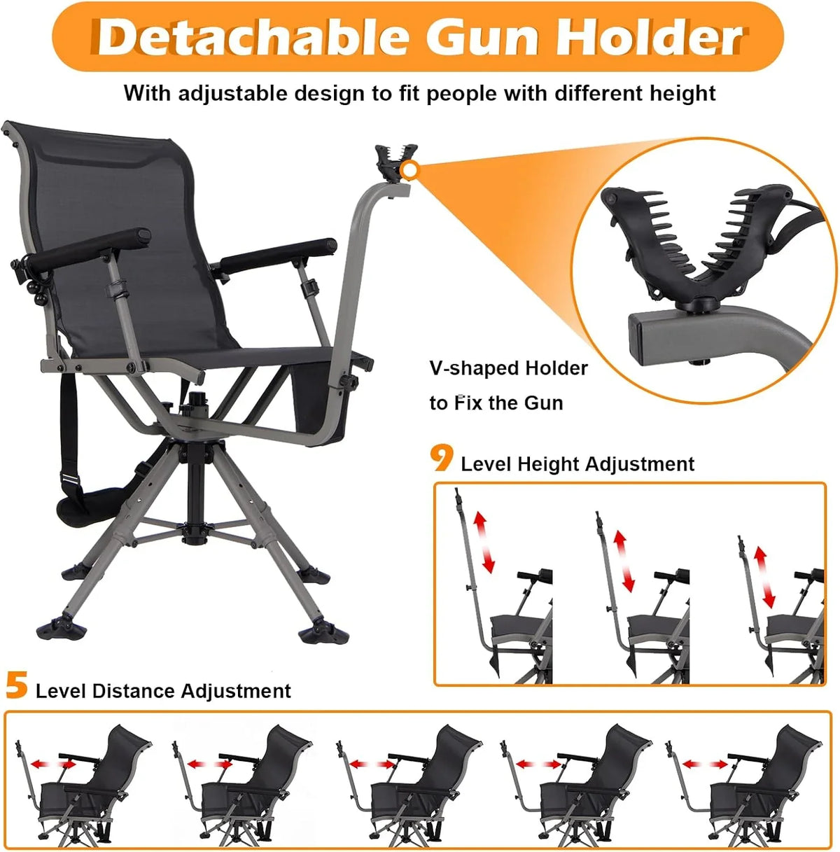 360° rotatable hunting seat, equipped with 4 extendable aluminum legs, adjustable gunstock, portable hunting shelter chair, equipped with carrying straps for outdoor activities.