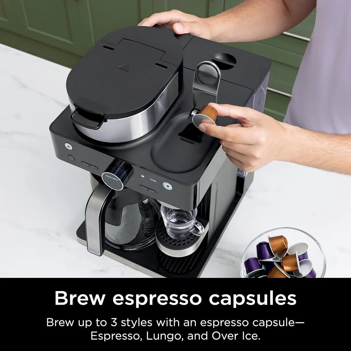 Italian espresso machine and coffee-making system, featuring three espresso brewing modes, supporting single-portion coffee and capsules, with a built-in frother, capable of making Italian espresso, cappuccino and latte. Black style.
