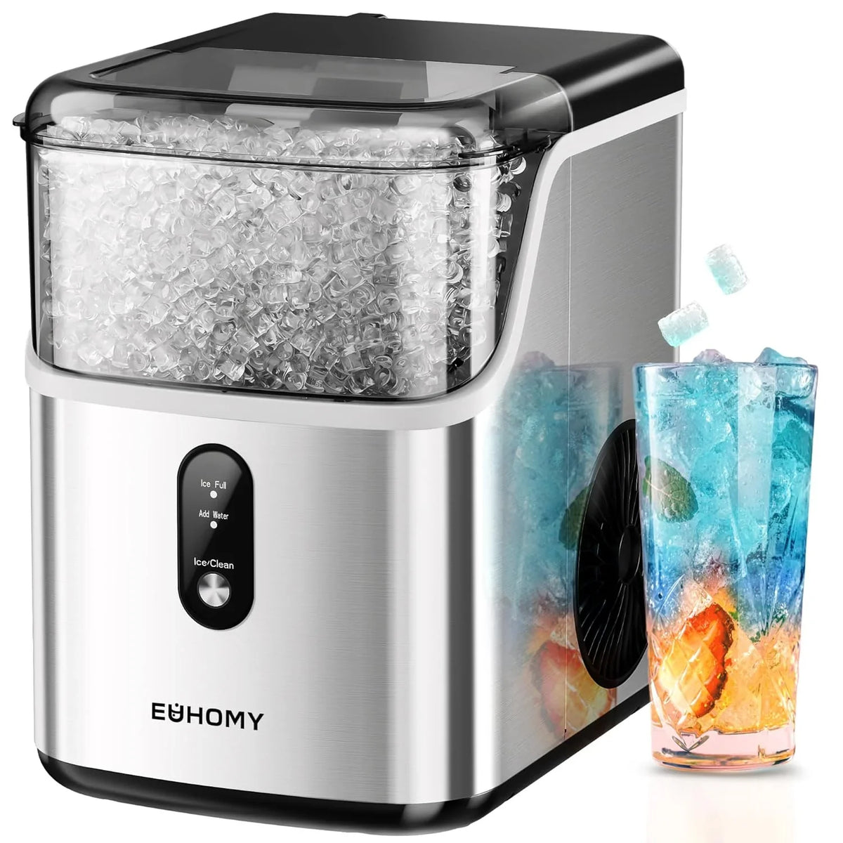 Desktop ice machine, pebble-style ice machine with 35 pounds/24-hour soft ice function, automatic cleaning sonic ice machine with ice scoop and ice box, granular ice machine (in stainless steel) suitable for home/kitchen/office
