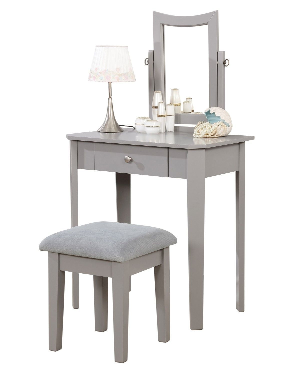 Cece 1-Drawer Grey Dressing Table Makeup Vanity Set with Stool and Mirror