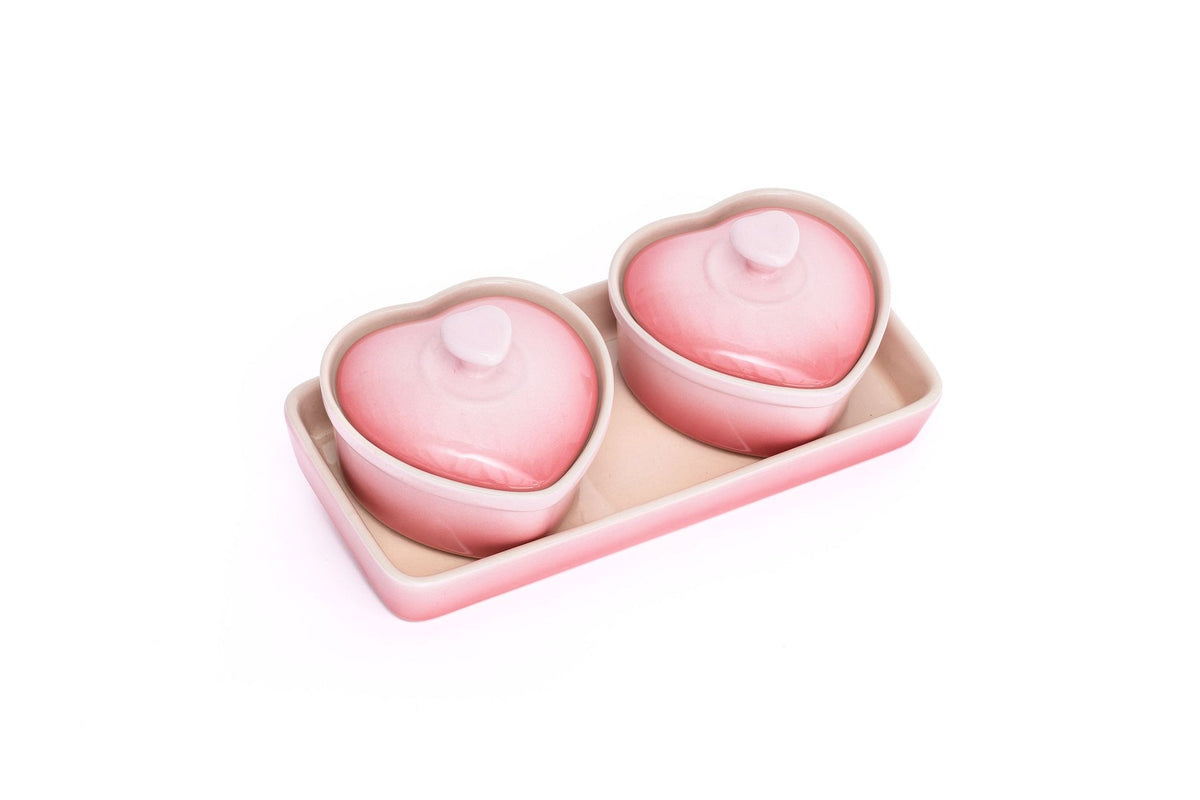 Stoneware Heart Cocottes and Tray, Gradient Rose, 5-pc