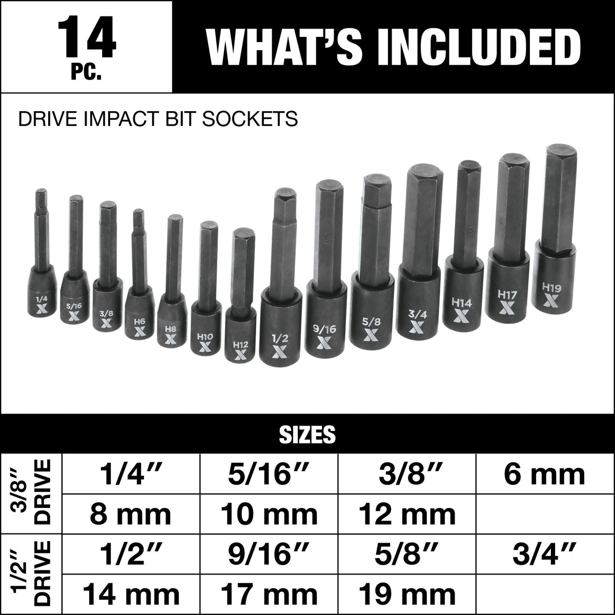 Hex Impact Socket & Bit Socket Set, 14-pc, SAE/Metric