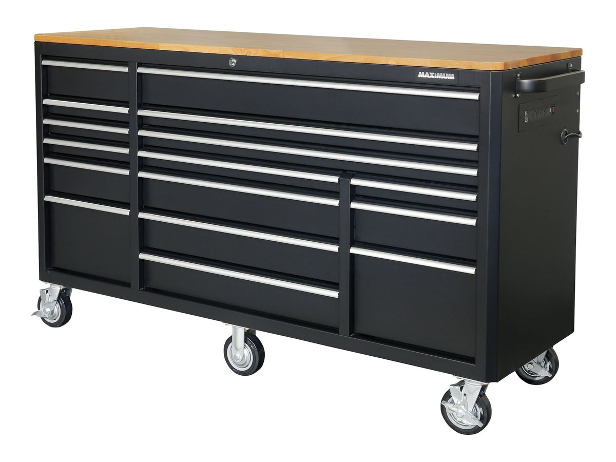 Tool Cabinet with Wood Top and 4-Outlet Power Strip, Black, 74x24-in