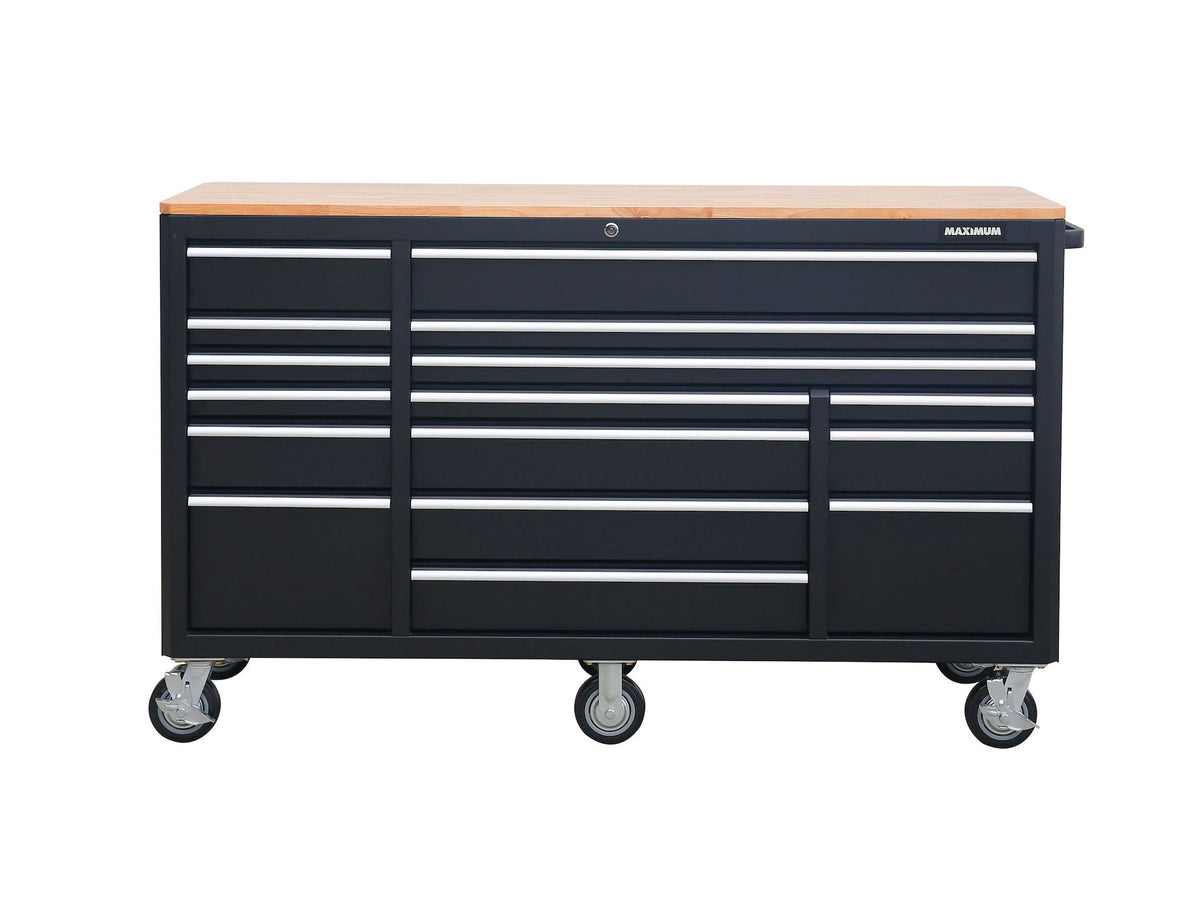 Tool Cabinet with Wood Top and 4-Outlet Power Strip, Black, 74x24-in