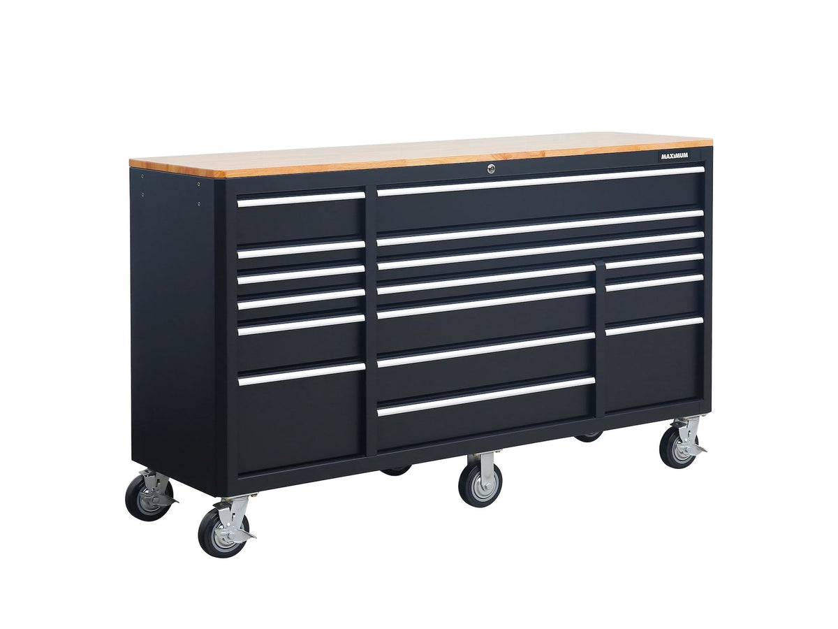 Tool Cabinet with Wood Top and 4-Outlet Power Strip, Black, 74x24-in