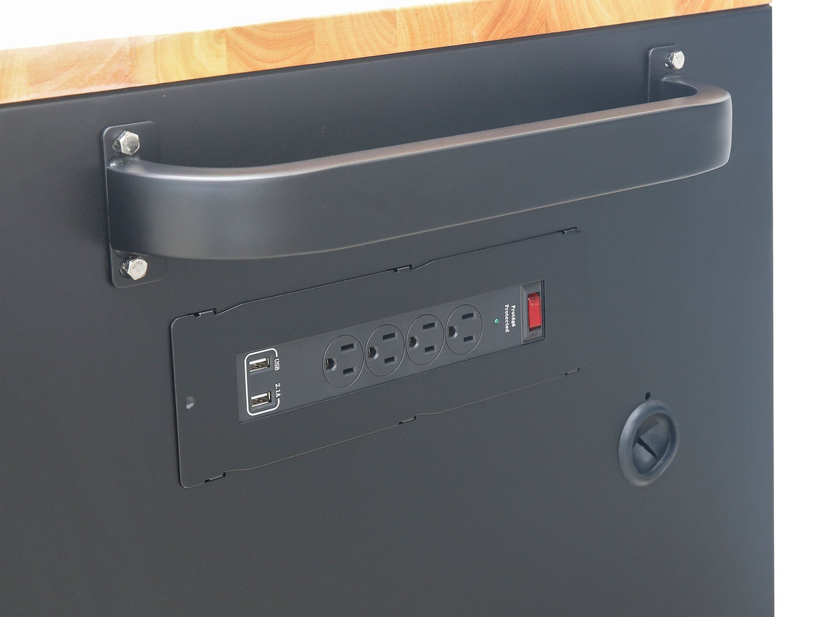 Tool Cabinet with Wood Top and 4-Outlet Power Strip, Black, 74x24-in