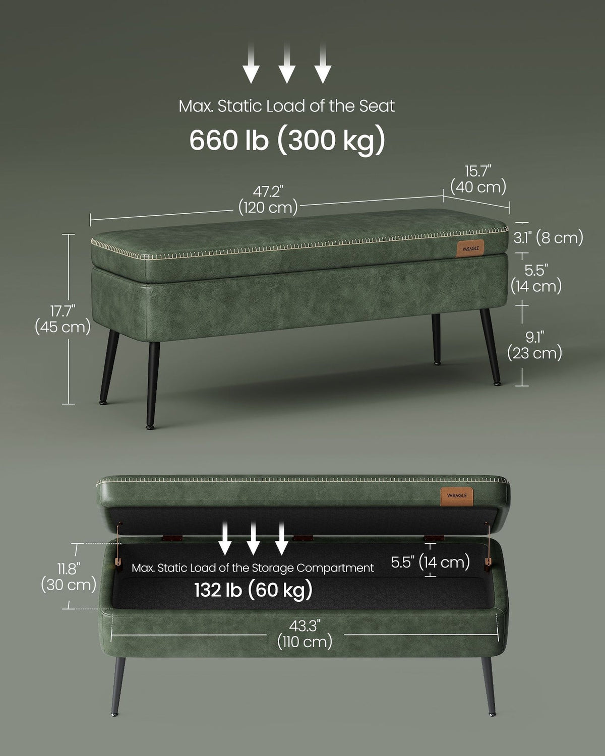 Home Modern Forest Green Ottoman Storage Bench