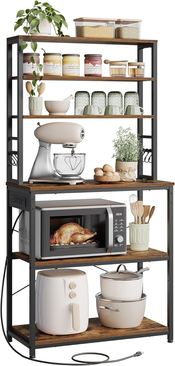 Home Small Rustic Brown Baker's Rack with 4 AC Outlets