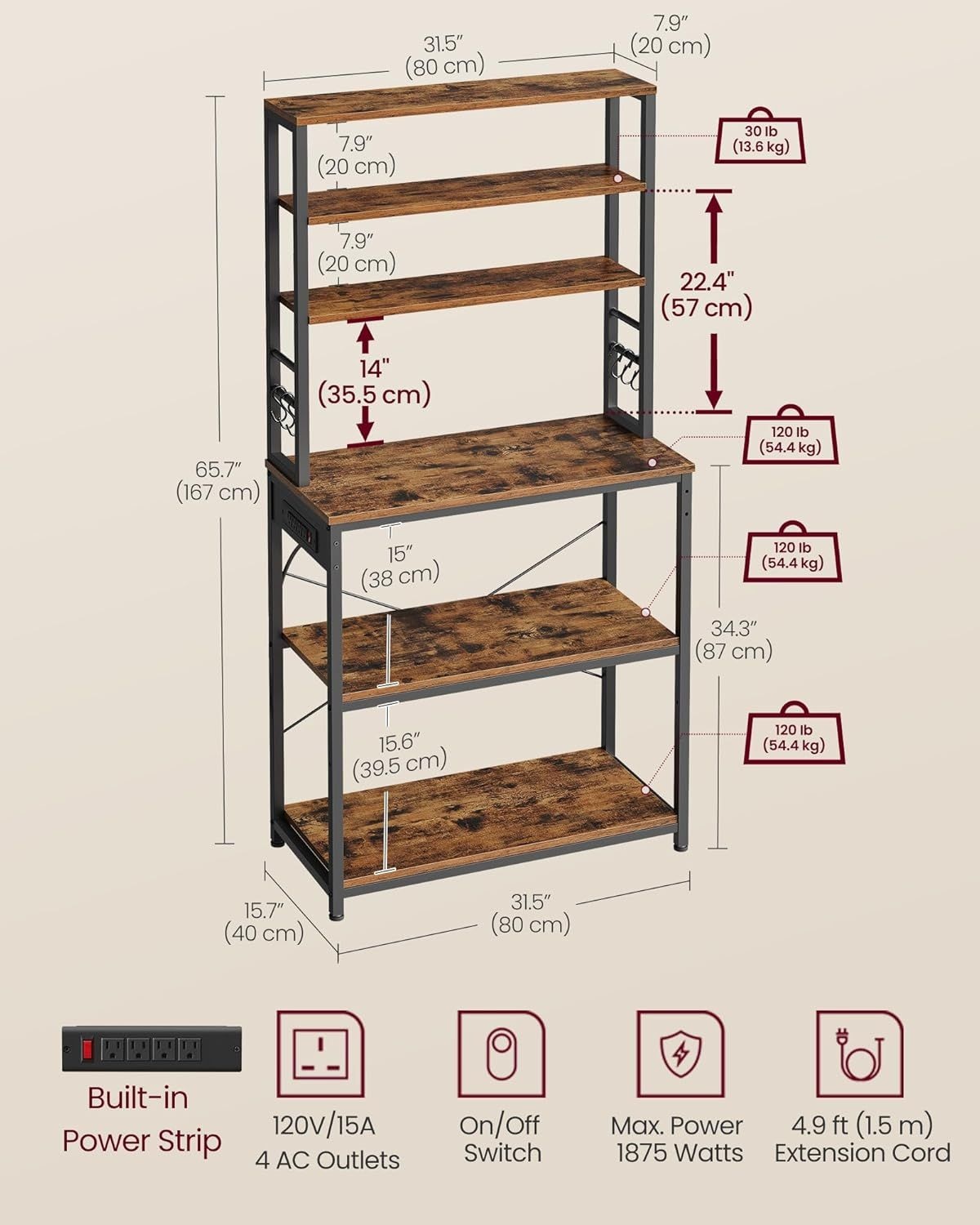 Home Small Rustic Brown Baker's Rack with 4 AC Outlets