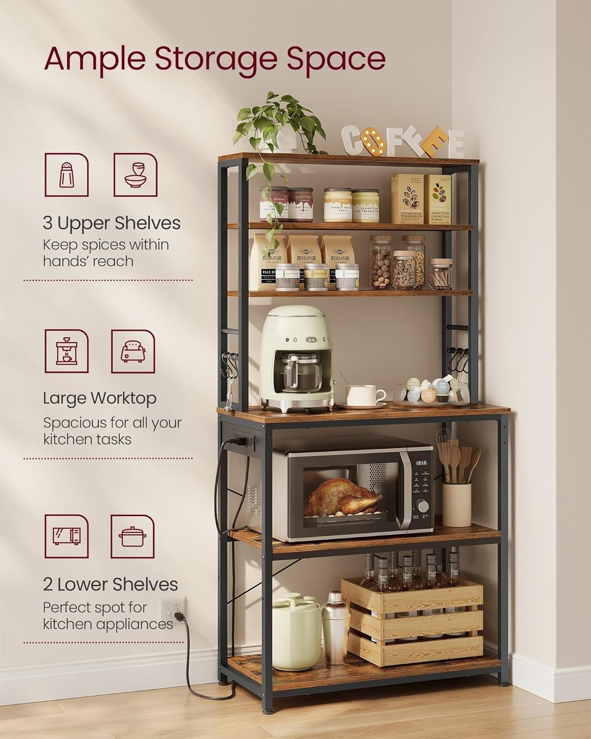 Home Small Rustic Brown Baker's Rack with 4 AC Outlets