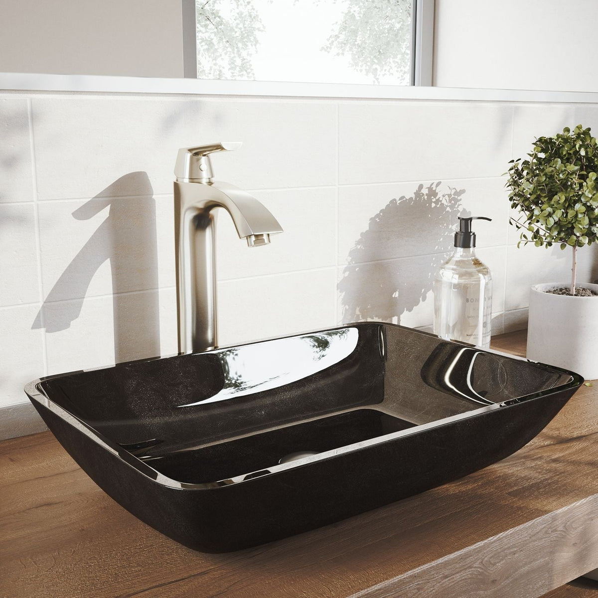 Glass Grey Onyx Bathroom Sink/Basin Set with Linus Faucet and Rectangular Vessel