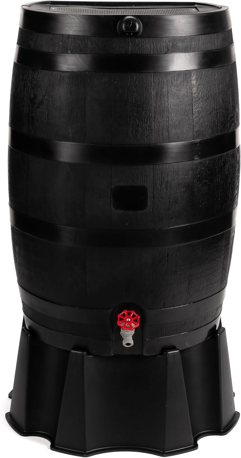 RTS Home Accents 50-Gallon ECO Rain Barrel Made with 100% Recycled Plastic, Flat Back Rain Water Collection Barrel, Black J2953