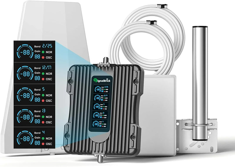 A home-use mobile phone signal booster with a liquid crystal display, a five-band mobile phone signal booster, with a coverage area of up to 5000 square feet. J9638