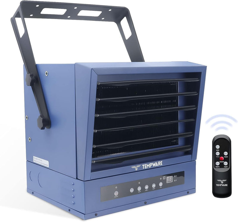 Electric Garage Heater, 7500-Watt Digital Fan-Forced Ceiling Mount Shop Heater with Full-Function Remote, 240-Volt Hardwired 12-Hour Timer, Ideal for Workshop Blue A5168