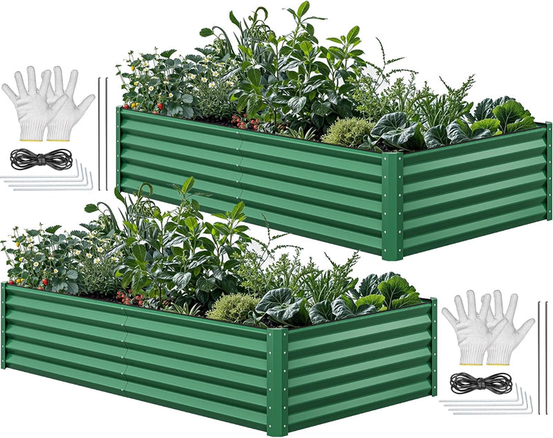 8x4x2ft 2pcs Large Raised Garden Bed Kit, Galvanized Metal Planter Box with Gloves, Ground Nails & Safety Rubber, Outdoor Above Ground Planters for Plants Vegetables Flowers, Green Z4466
