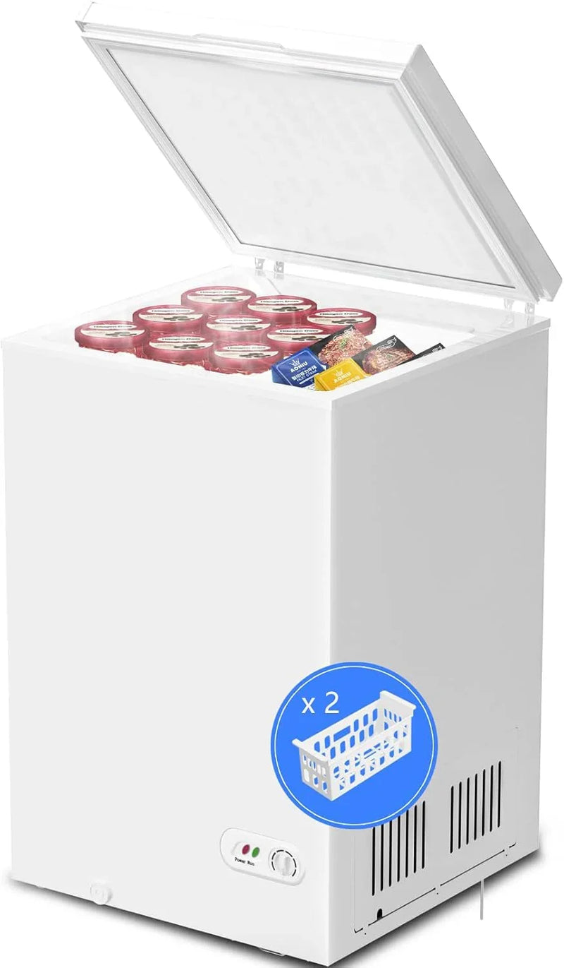 3.5 Cubic Feet Chest Freezer with 2 Removable Baskets Free Standing Top Open Door Compact Freezer with Adjustable Temperature for Home/Kitchen/Office/Bar (3.5 Cubic Feet, White) C7307