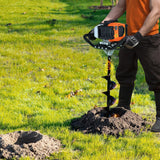 1450-watt gasoline engine electric drilling machine, equipped with 6-inch and 10-inch drill bits and 3 extension rods, suitable for drilling holes in fence posts of farmlands, gardens, and orchards. The color is orange and black.