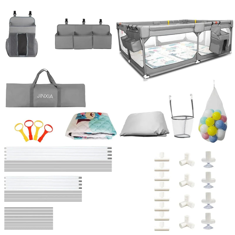 Baby Playpen with Mat 75"*59", Extra Large Playpen for Babies and Toddlers with Storage Bag, BPA-Free, Non-Toxic, Safe No Gaps Playards for Babies, Sturdy Safety Play Yard for Indoor Outdoor Fun, Grey E5198
