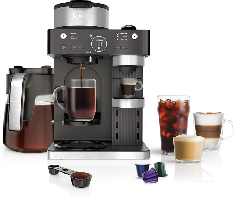 Italian espresso machine and coffee-making system, featuring three espresso brewing modes, supporting single-portion coffee and capsules, with a built-in frother, capable of making Italian espresso, cappuccino and latte. Black style. G7361