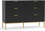 Black Dresser for Bedroom, Modern 6 Drawer Dresser, Chest of Drawers Closet Organizers and Wood Storage Clothes, White Dresser with Golden Handles Room, Hallway