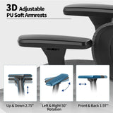 Ergonomic Mesh Office Chair with 3D Adjustable Armrest,Plastic Frame High Back Desk Computer Chair Ergo3d Ergonomic Office Chair with Wheels for Home & Office Black