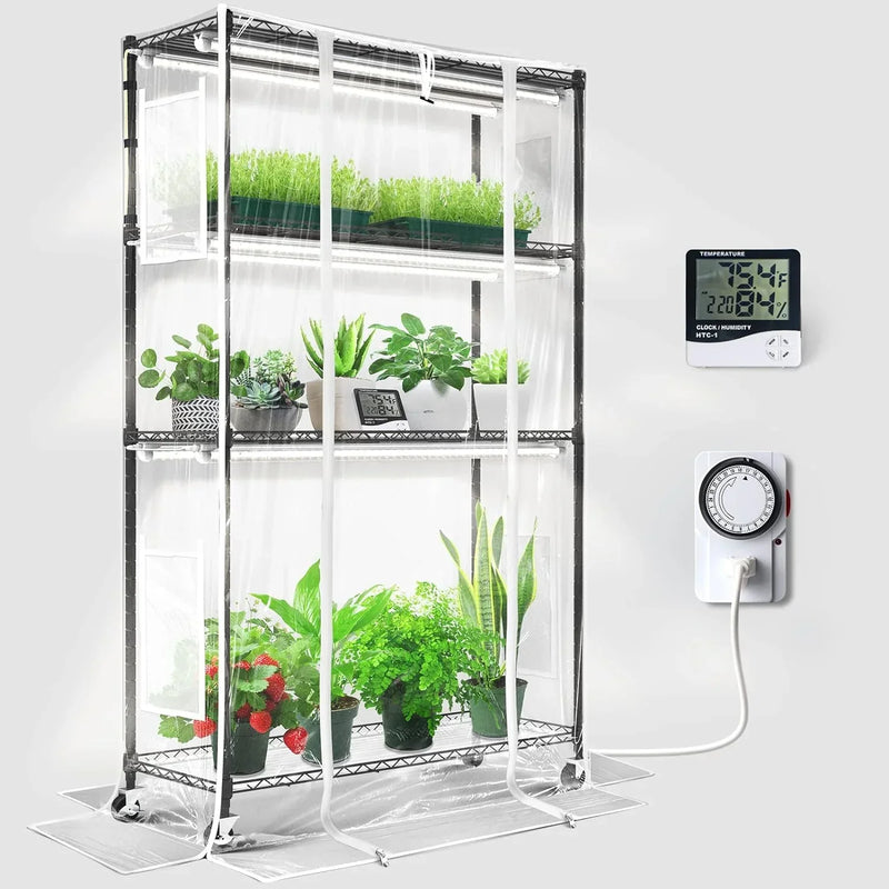 Barrina Mini Greenhouse with LED Grow Light for Indoor Plant, 4-Tier Portable Metal Plant Stand with Wheels, Plant Shelf with Tent, 6Pcs Plant Light with Timer and Thermo-Hygrometer, 35.4x13.8x59IN L4585