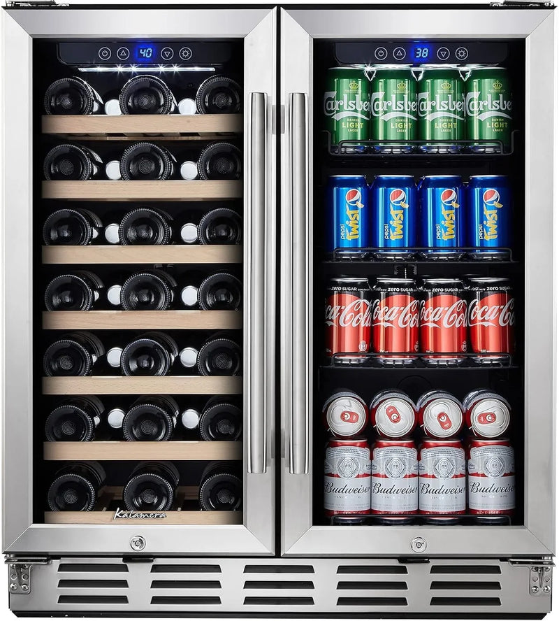 24 inch Wine Cooler, 46 Bottle - Dual Zone Built-in or Freestanding Fridge with Stainless Steel Reversible Glass Door, for Home, Kitchen, or Office. Y5926