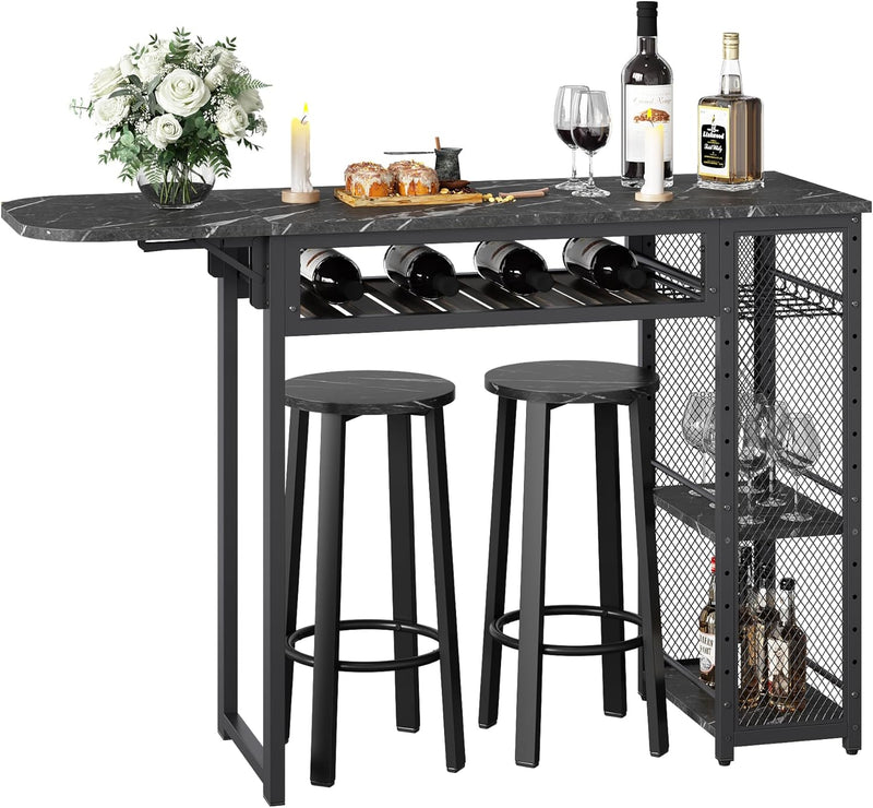 Bar Table and Chair Set, Industrial Expandable Dining Table with 2 Bar Stools, Kitchen Counter with Wine Rack & 3 Tier Adjustable Storage Shelves Rustic Brown V3714