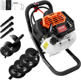 1450-watt gasoline engine electric drilling machine, equipped with 6-inch and 10-inch drill bits and 3 extension rods, suitable for drilling holes in fence posts of farmlands, gardens, and orchards. The color is orange and black.