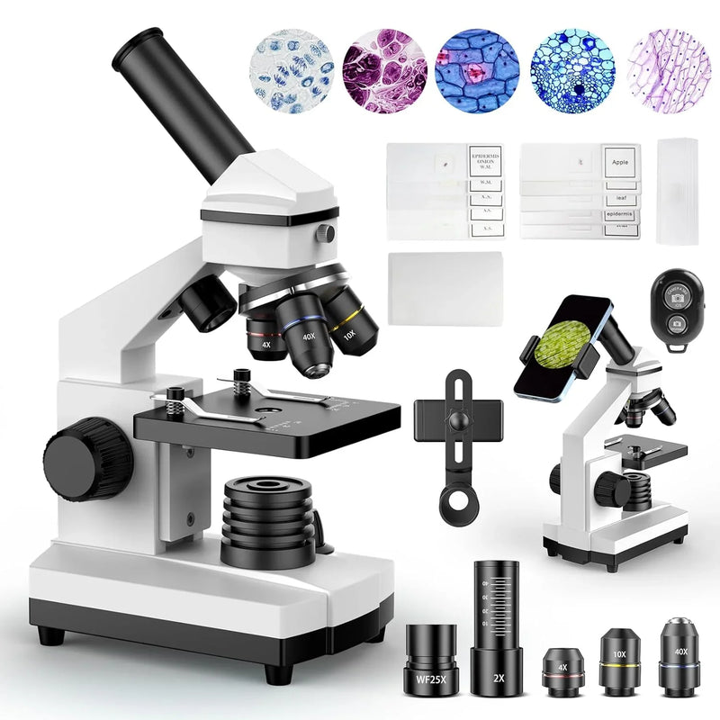 Compound Microscope for Adults & Kids - 100X-2000X High-Power Biological Microscope for Students, School Lab & Home Education, with Slides Set & Phone Adapter (White) U1179