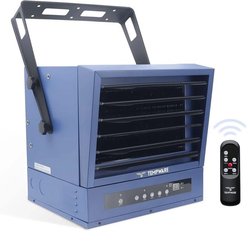 Electric vehicle garage heater, 7500-watt digital display fan-driven ceiling-mounted work area heater, featuring full-function remote control, 240-volt wired installation, with a 12-hour timer, is highly suitable for use in workplaces. L3389