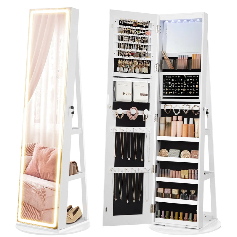 LED Mirror Jewelry Cabinet Standing Jewelry Armoire Organizer Box with Full-Length Mirror and Adjustable LED Lights White H9444