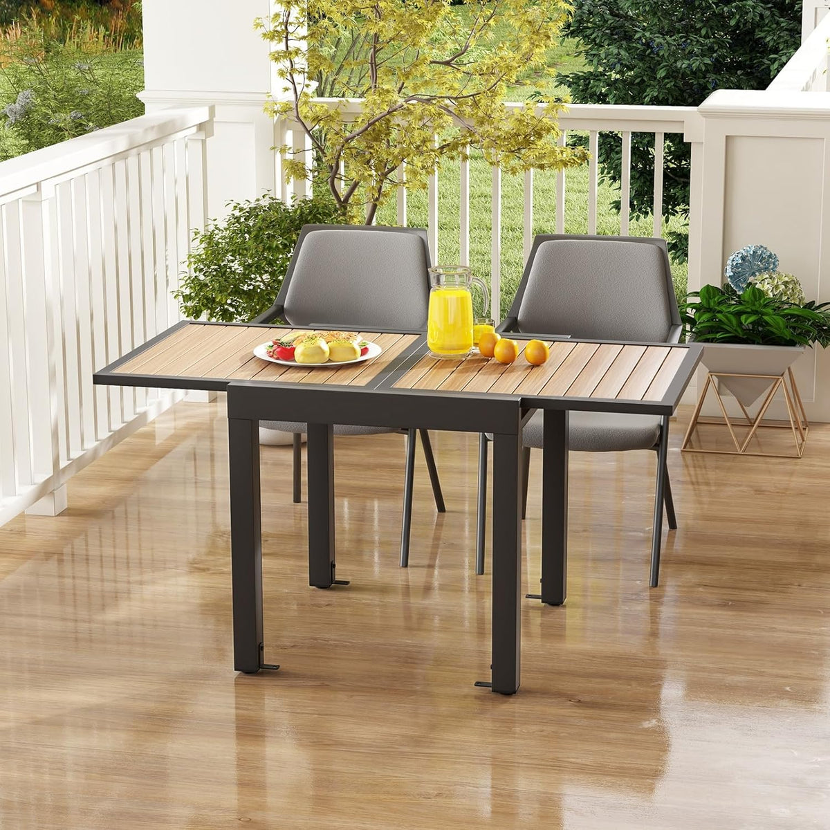 Extensible outdoor dining table, patio table, all-weather aluminum frame, large rectangular lawn backyard garden terrace dining table, suitable for 4 to 6 people, dark gray (dark gray, slatted tabletop)