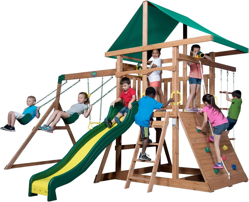 Cedar Wood Swing Set with Wave Slide, Play Deck, Double Rock Wall, Rope Ladder, Web Swing, Belt Swings, Toy Telescope, Steering Wheel, Sandbox Area, Outdoor Playset N1806