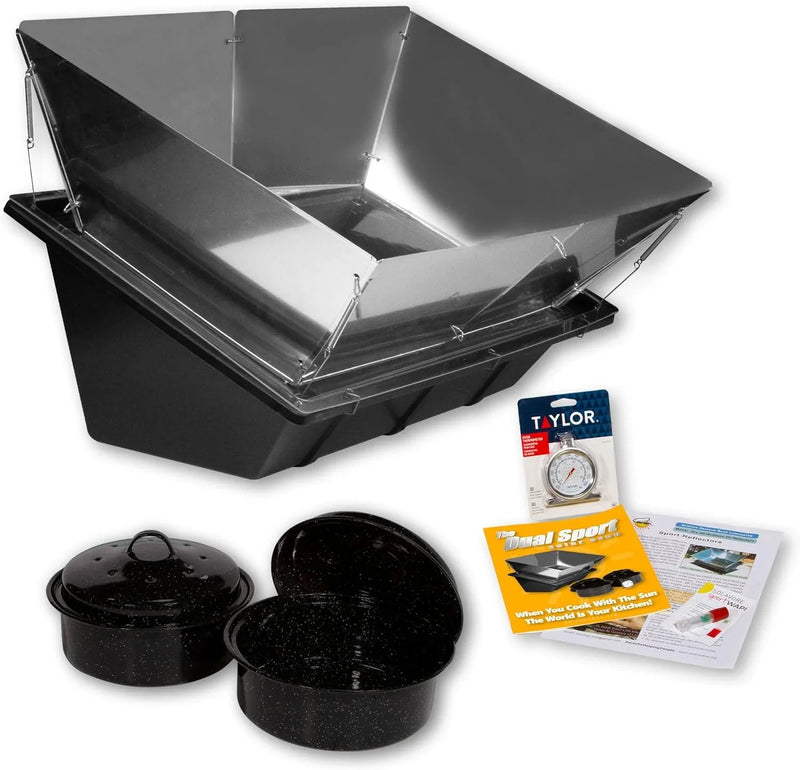 Dual Sport Solar Oven, Black, Portable Outdoor Cooking System with Reflectors, 27x17x12 Inch, 6.8 Qt Capacity, Includes 2 Pots, Thermometer, Wapi, Cookbook, and Instruction Manual P395