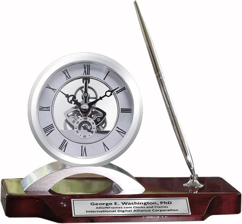 Desk clock, pen set, personalized, unique, silver clock, clear transparent case, gears, da Vinci, timepiece display, metal pen set, wooden desk stand, desk accessories, office, modern home, engraving O910
