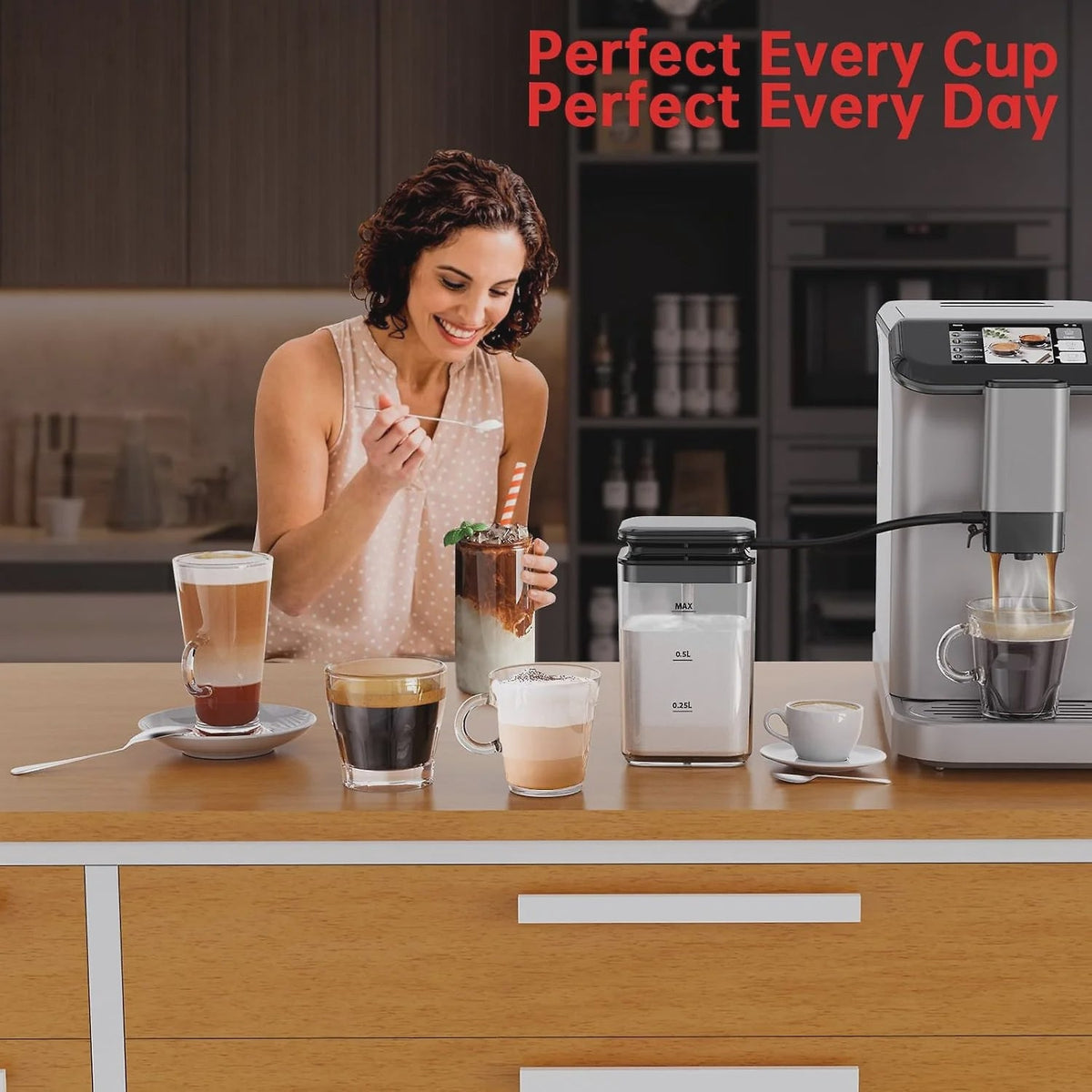 Full Automatic Espresso Machine with Built-In Grinder Milk Frother - FTF Touchscreen Coffee Maker for Latte/Cappuccino, 20 Bar Pressur 1.5L Water...