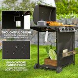 4 1 Burner Propane Gas BBQ Grill, Portable Gas Barbecue Grill with Side Burner, Thermometer, Lid, Side Table, Shelf, Spice Rack, Wheels, Grease Cup for Garden, Black