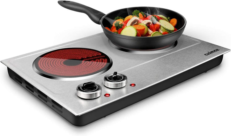 Hot Plate,1800W Ceramic Electric Hot Plate for Cooking, Dual Control Infrared Cooktop, Portable Countertop Burner, Glass Plate Electric Cooktop, Silver, Stainless Steel E1496