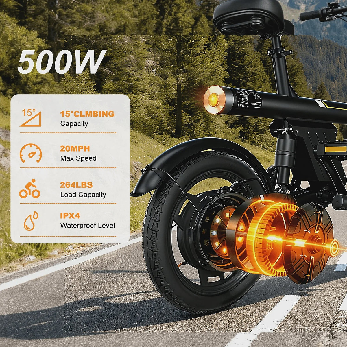 14 in Electric Bike for Adults,500W Folding E-Bike,Electric Commuter Mini Bikes,Electric Bicycles with 36V Removable Battery,Black