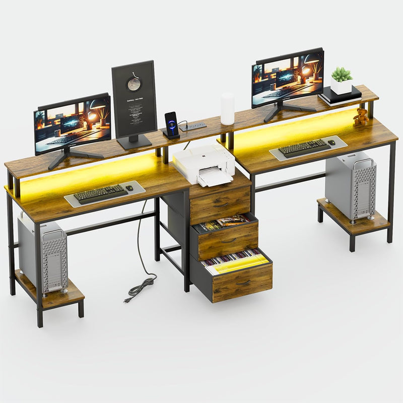 2 Person Desk with LED Lights & Charging Station – Long Desk for 2 with Storage Drawers, Monitor Riser, USB Ports & Outlets – Modern Study Table or Workstation for Home Office V5380