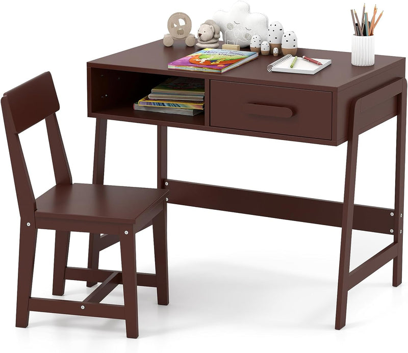 Kids Desk and Chair Set, Wooden Children School Study Table and Chair w/Storage Drawer & Hutch, Student Writing Desk Computer Workstation for Bedroom, Gift for 3 Years Old (White) B919
