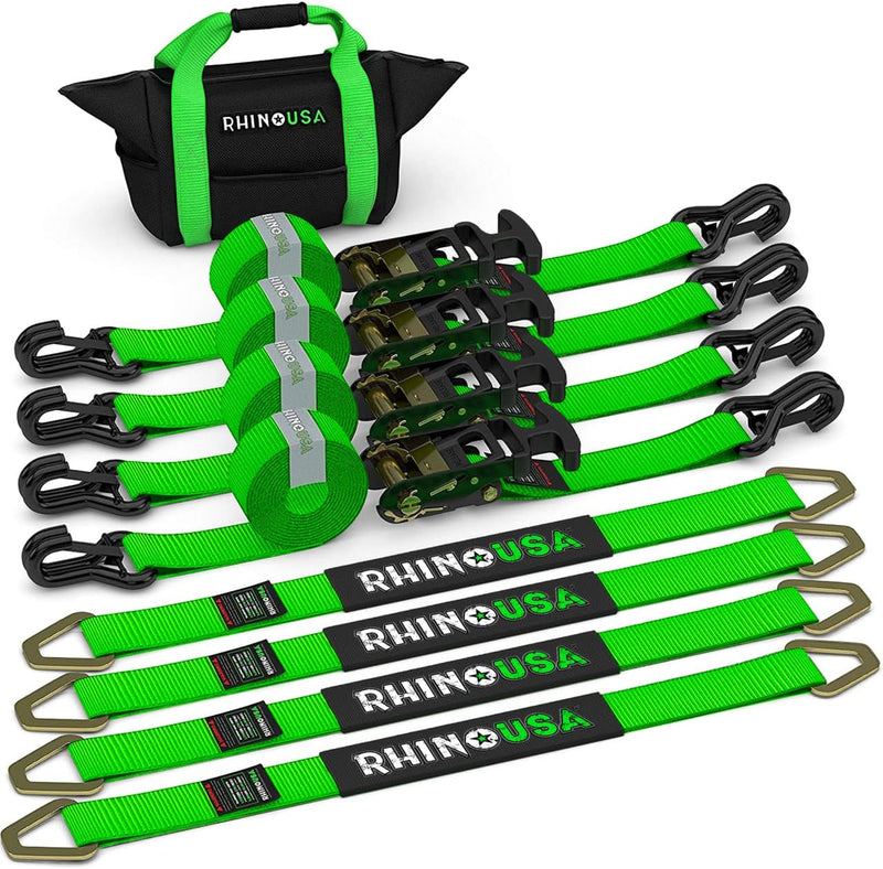 Car Tie Down Straps for Trailers with J Hooks (4-Pack) - 2 Inch x 8 Feet (10,000lb Break Strength) - Heavy Duty T-Handle Car Hauler Tire Straps for Trailer & UTV with Axle Straps - Black O1901