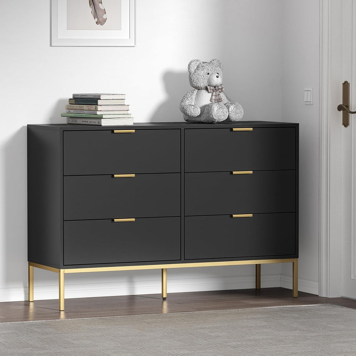 Black Dresser for Bedroom, Modern 6 Drawer Dresser, Chest of Drawers Closet Organizers and Wood Storage Clothes, White Dresser with Golden Handles Room, Hallway