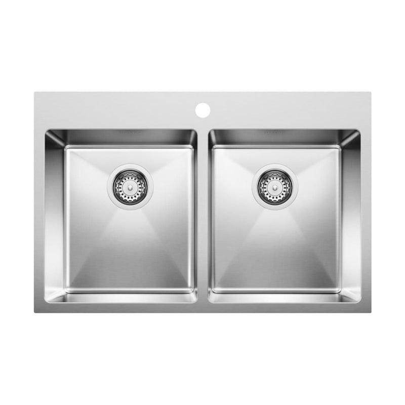 Quatrus R15 31-in 50/50 Double Bowl Dual Mount Stainless Steel Kitchen Sink E811