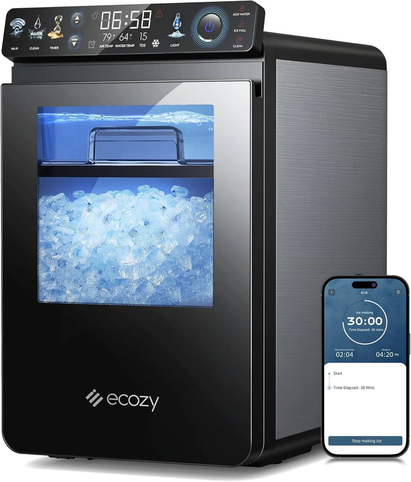 Nugget Ice Maker Countertop, Smart Pebble Ice Machine with APP Control, 44 lbs/24H Soft Pellet Chewable Ice with Self-Cleaning, Stainless Steel O8440