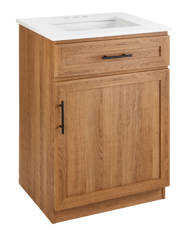 Danville Single Door Single Sink Stone Top Bathroom Vanity, Honey Oak, 24-in K4826