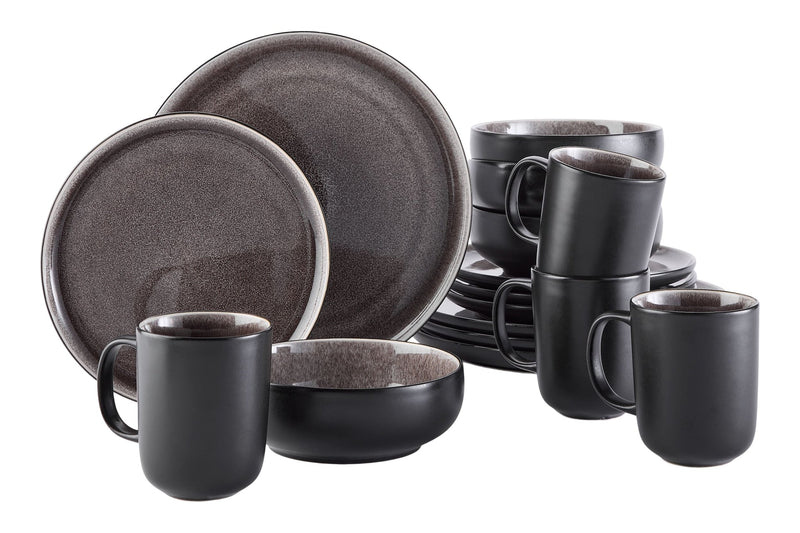 Kenway Stoneware Dinnerware Set, Serves 4, 16-pc, Matte Black & Taupe Reactive Glaze U4721