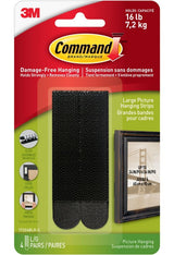 Large Adhesive Picture Hanging Strips, Black, 16-lbs, 4 Strips per Pack